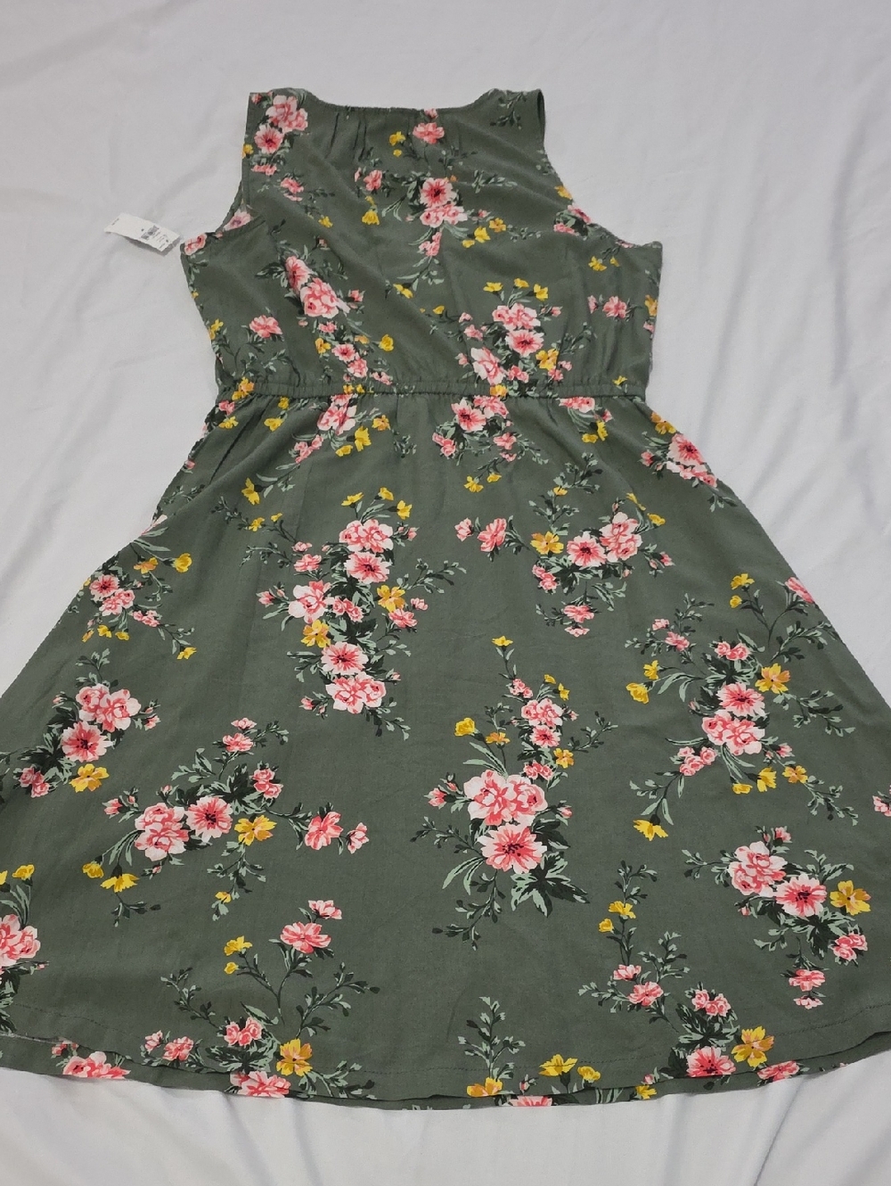 Olive Green Floral Sleeveless V-Neck Dress Size M - Picture 3 of 5
